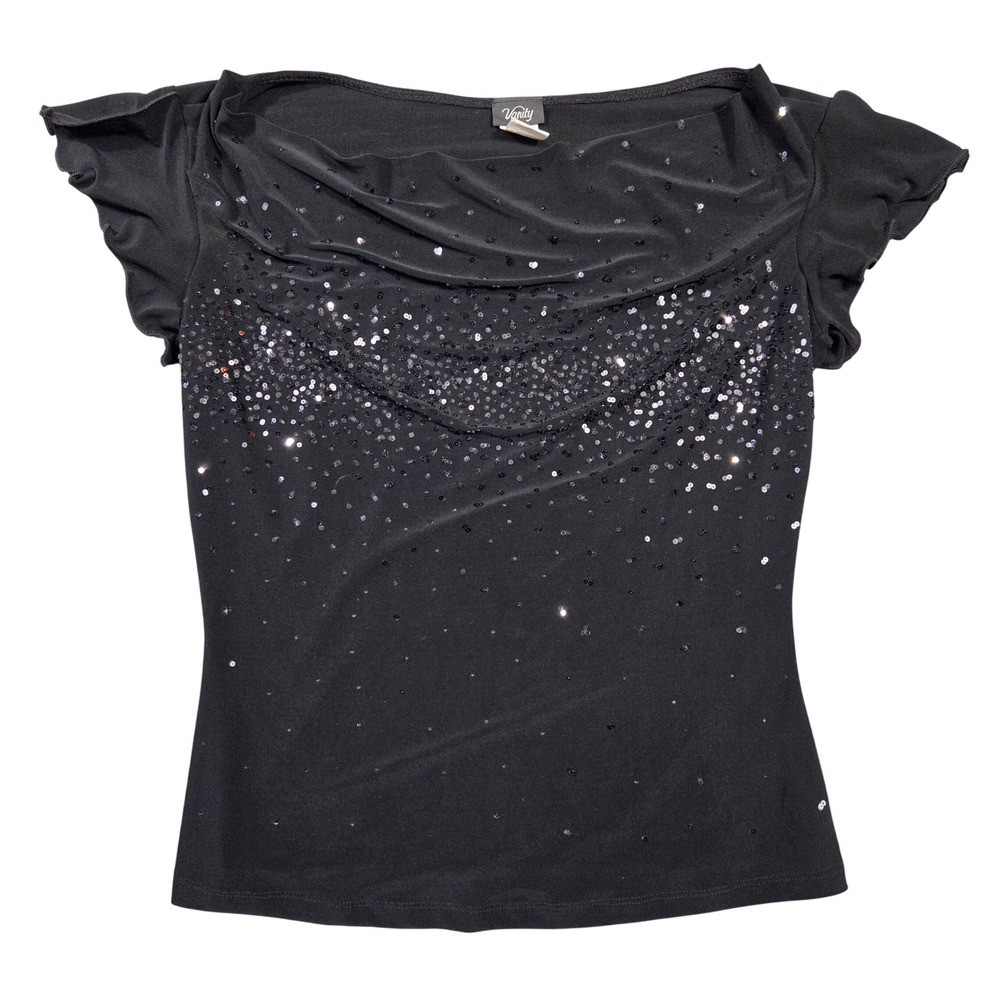Vintage Y2k Vanity Black Sequin Flutter Sleeve Top S USA Made 2000s Bratz Preppy